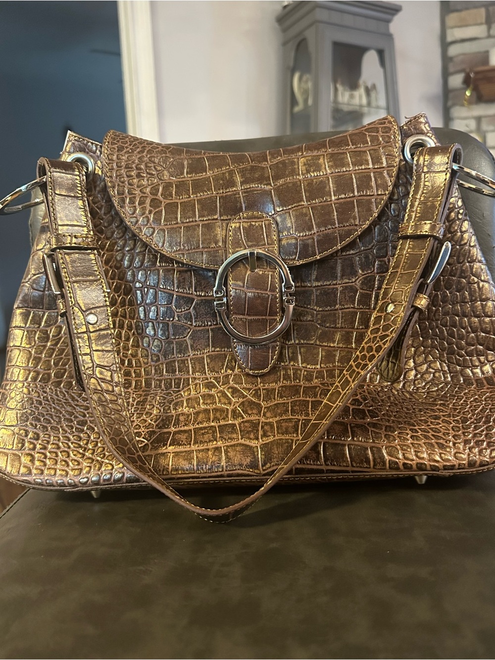 Charlie Lapson Croc-Embossed Metallic Brown Shoulder Bag